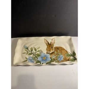 Maxcera Floral Bunny Rectangular Serving Tray Platter 17" Easter Spring